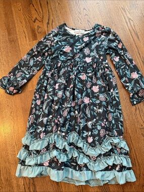 Adorable sweetness Floral beeRuffle Long Sleeve Kids Dress Black & Pink sz 12